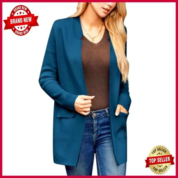 Long Sleeve Open Front Knit Cardigan Blazer Relaxed Fit Mid-Thigh - Picture 2 of 7